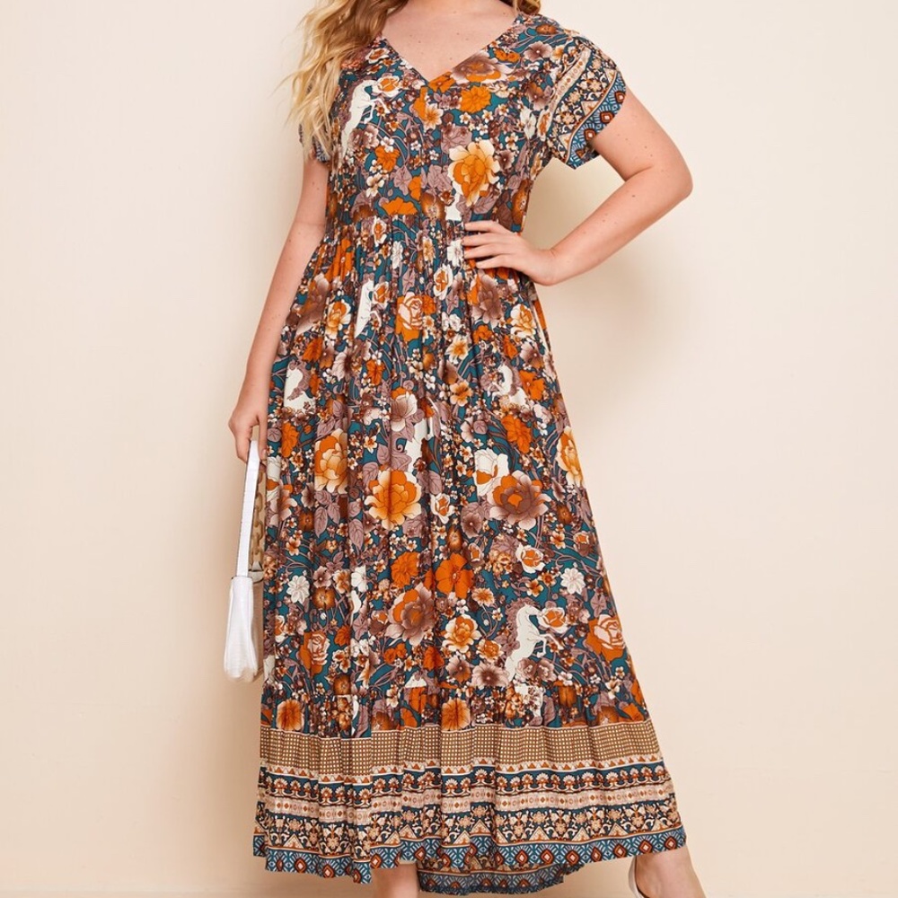 PLUS Boho V neck Floral Orange Maxi Dress - Picture 1 of 6